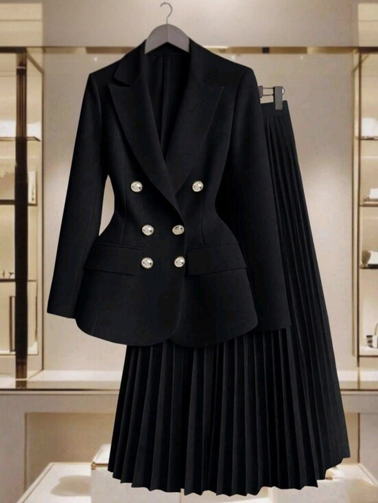 Jackets & Blazers - Women's Button Decor Blazer + Pleated Skirt Elegant Casual Commuter Versatile